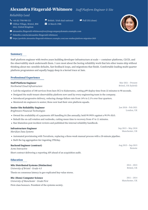 The same CV in the Deep Cobalt template.