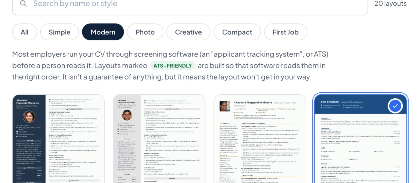The template chooser in the builder, filtered to the Modern style, with one template selected.