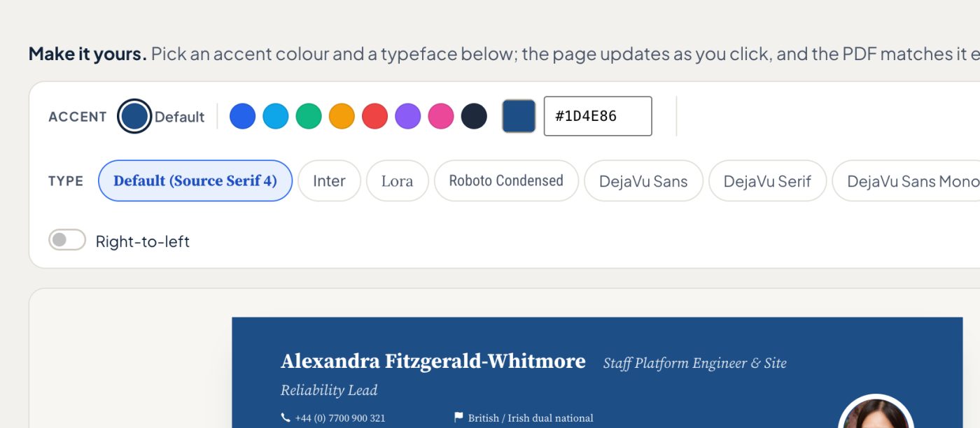 The builder controls for accent colour and typeface, above the CV they change.