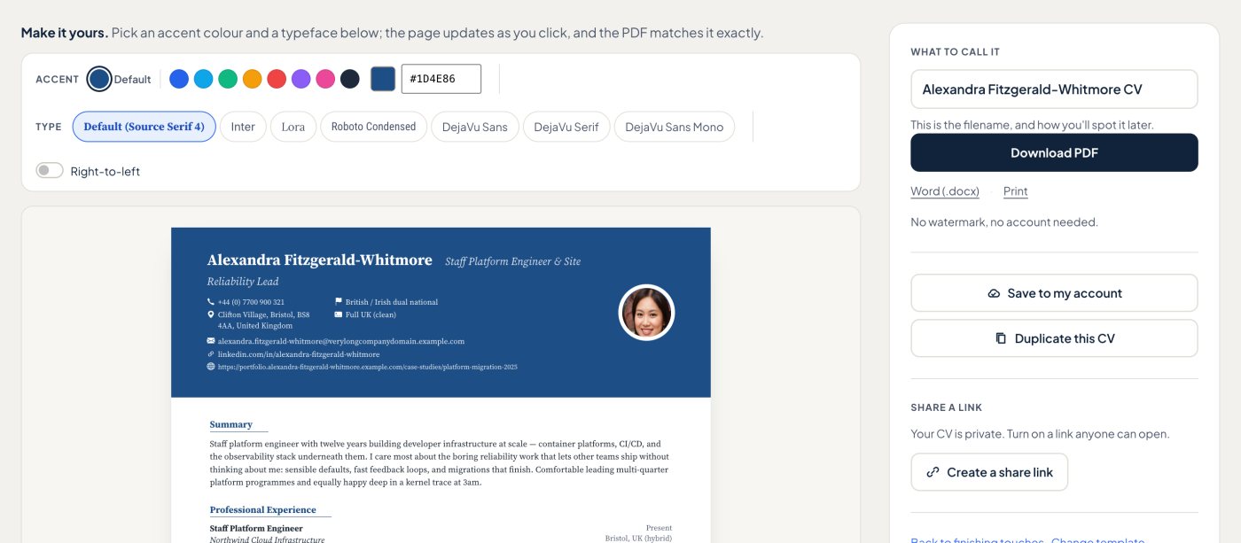 The last screen of the builder: the finished CV, with the download panel for PDF, Word and Print beside it.
