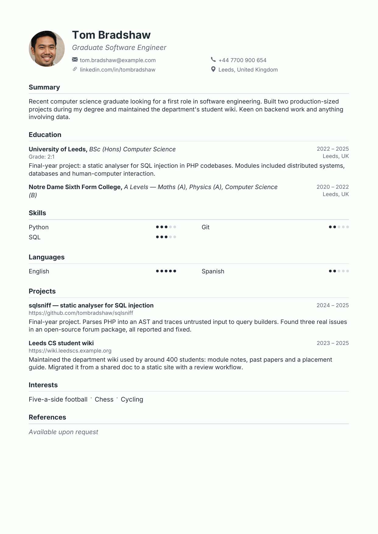 A first CV in the Open Baseline template, built from a degree, two projects and a few skills, with no work history.