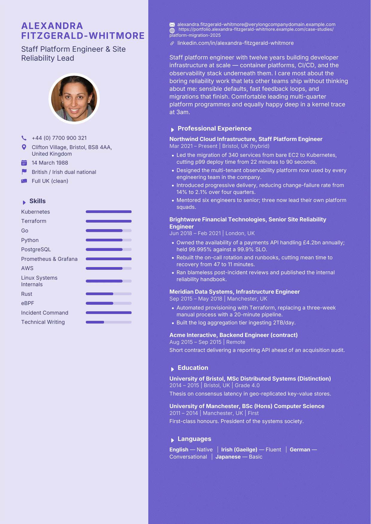 Violet Split CV template preview